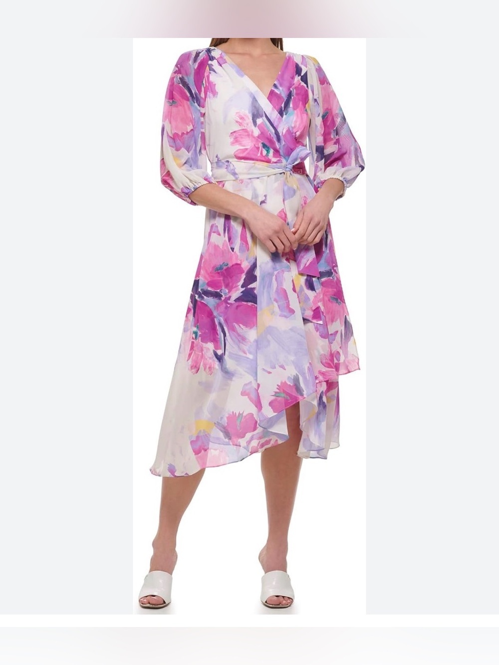 DKNY Floral Wrap Dress in Pink and Lavender